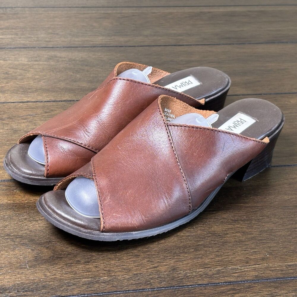 Prima Royale Y2K Brown Leather Cutout Mules Block Heel Open Toe Women’s Size 8M
